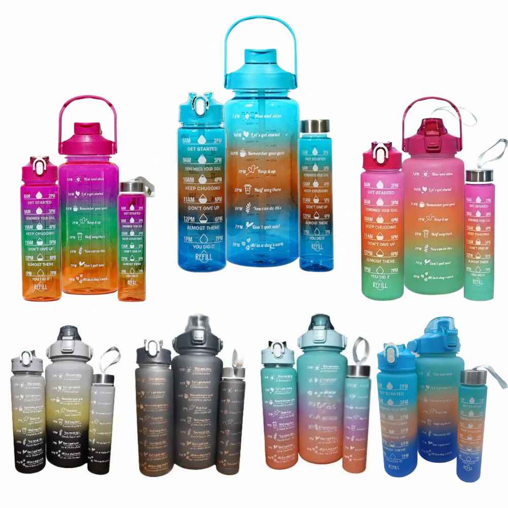 💧 Set de 3 Botellas Motivacionales 2L + 800ml + 500ml con Marcador de Tiempo ⏰
