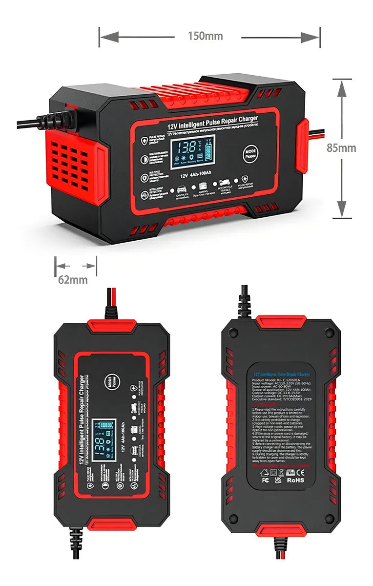 🔋 Cargador de Batería 12V con Pantalla Digital - Para Carro y Moto