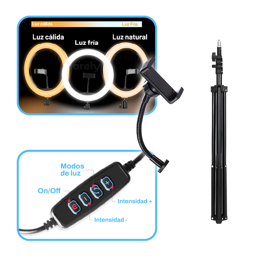 💡 Aro de Luz LED 26cm con Trípode 2.10m - 3 Tonos Regulables para Fotos y Videos