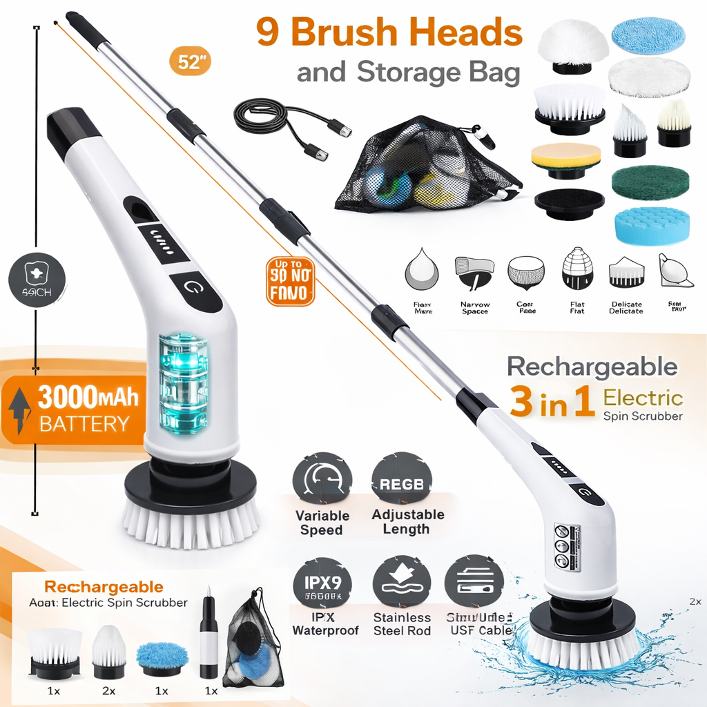 🧹 Cepillo de Limpieza Eléctrico 9 en 1 - Inalámbrico Giratorio Extensible