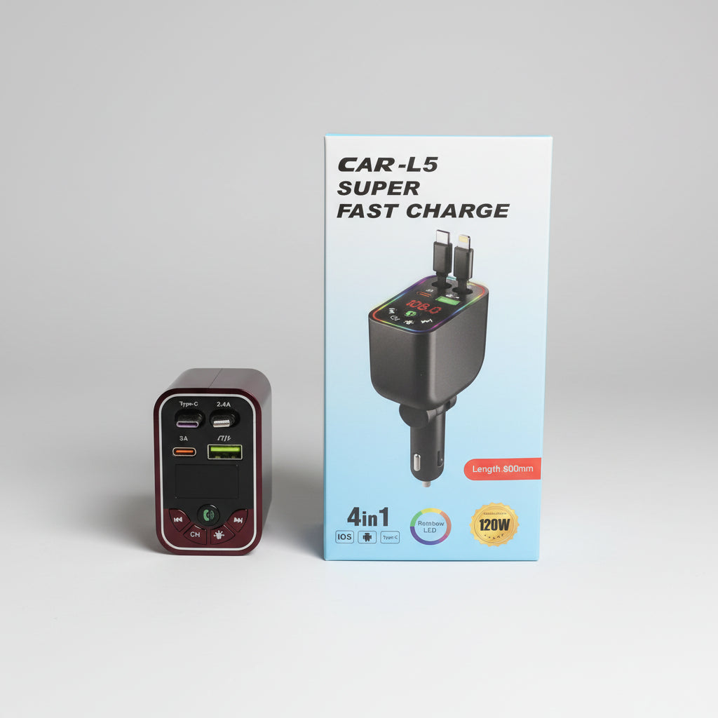 🚗 Cargador de Carro 4 en 1 Retráctil - USB C 120W Carga Rápida