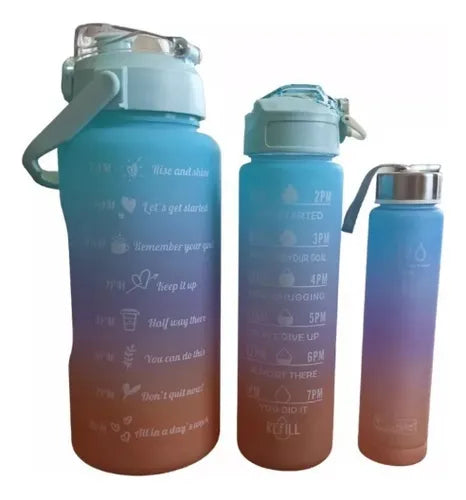 💧 Set de 3 Botellas Motivacionales 2L + 800ml + 500ml con Marcador de Tiempo ⏰