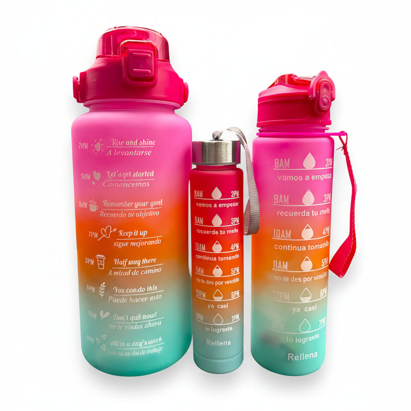 💧 Set de 3 Botellas Motivacionales 2L + 800ml + 500ml con Marcador de Tiempo ⏰